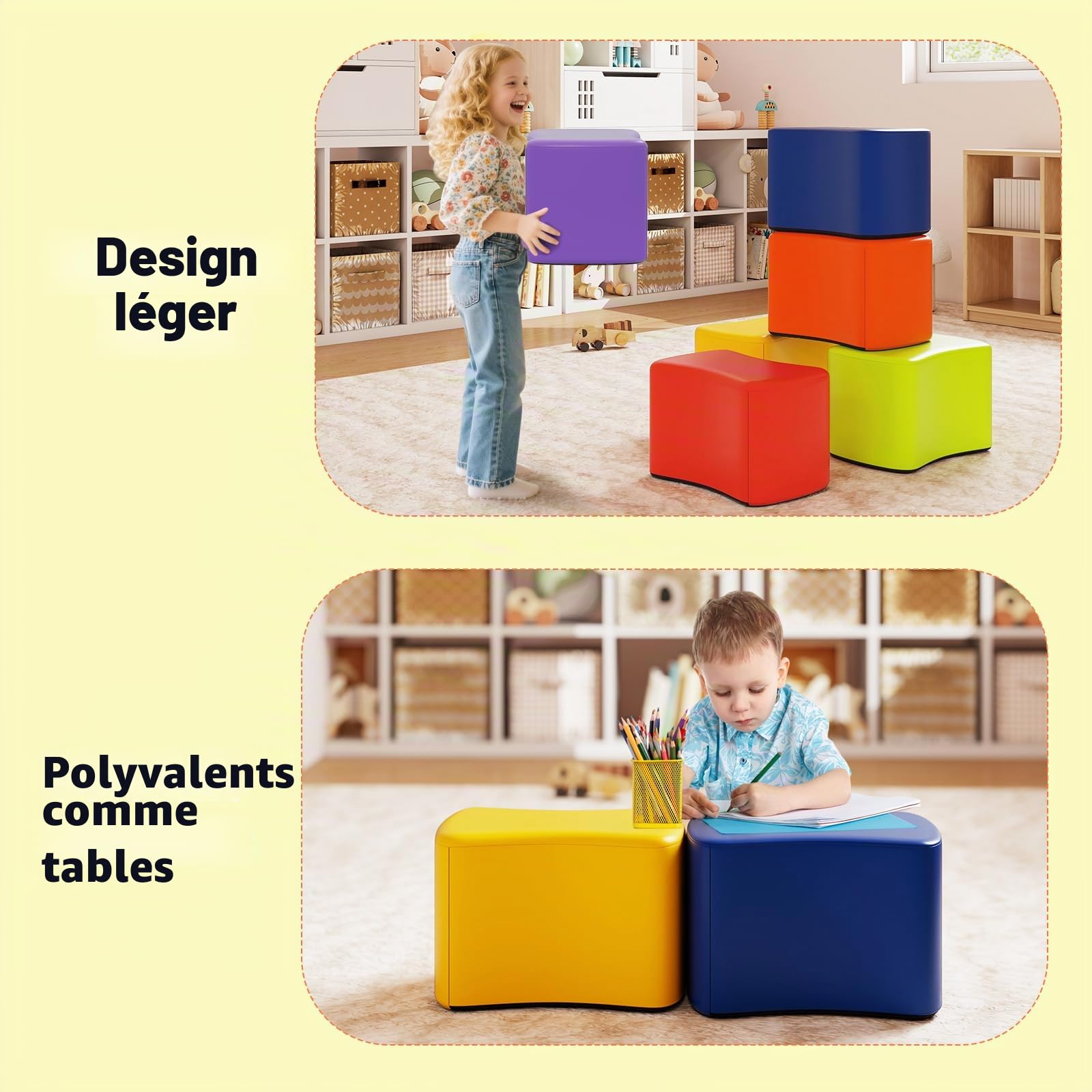 LIFEZEAL Lot de 6 chaises empilables pour enfants, tabouret modulaire, forme de papillon, antidérapant, cubes, construction douce, rembourrée en mousse élastique, doublure amovible, chambre d'enfant
