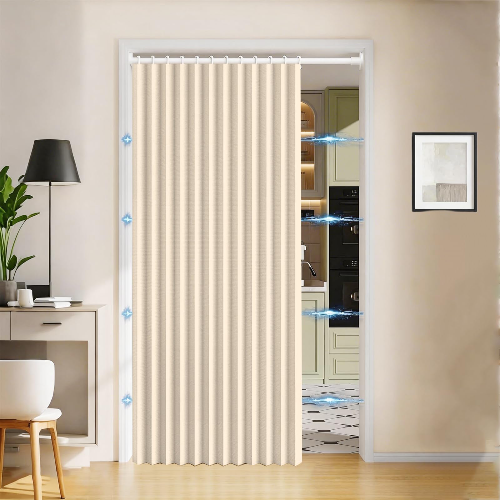 Cortinas de Puerta Plegables de privacidad Opaca para dormitorios de Planta Abierta, Puertas temporales de pasillo-beige-W140cmxH230CM