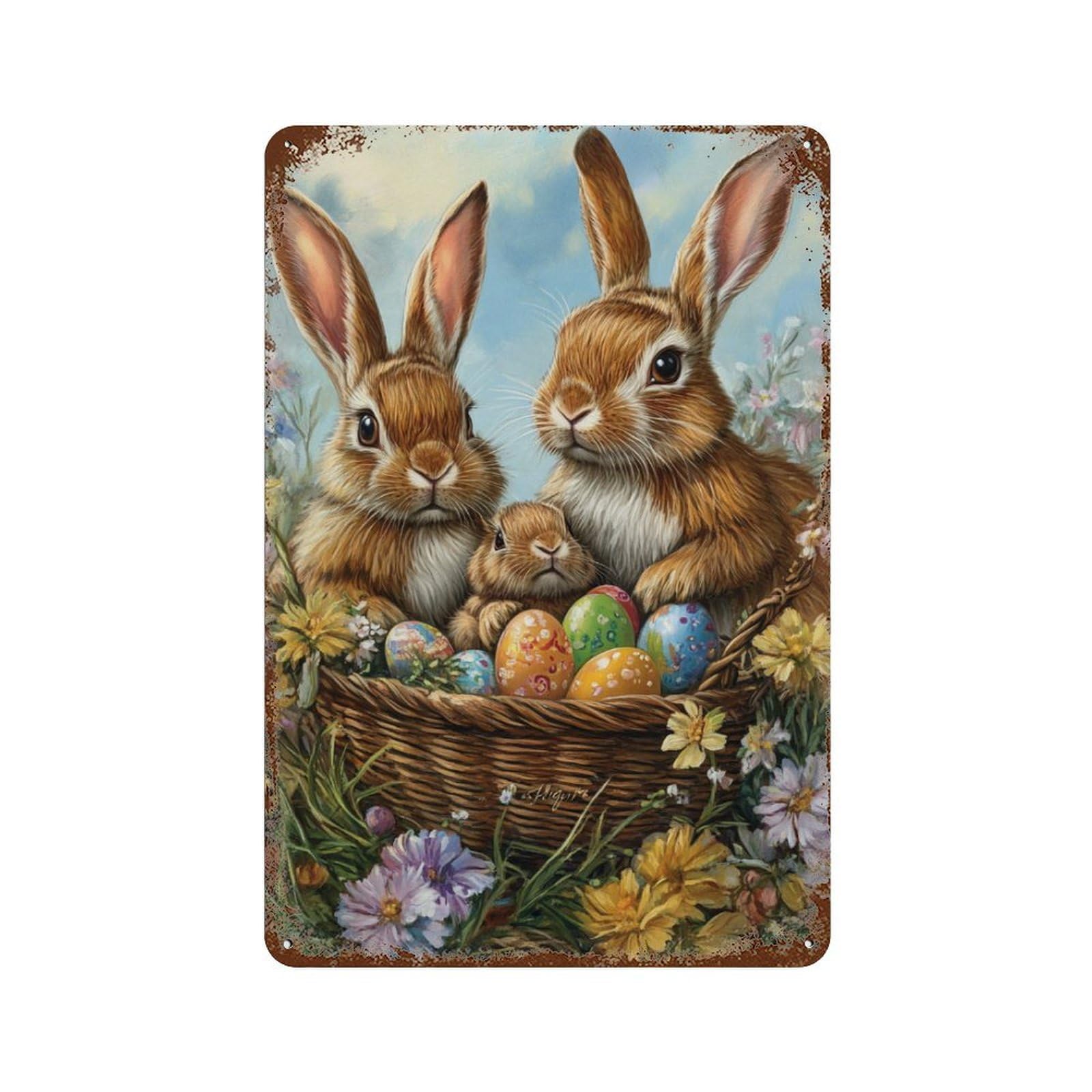 Easter Basket with Bunnies Rust Effect Tin Sign 11.8"x7.9", Industrial Home Decor for Cafe, Home Bar And Lounge Decor