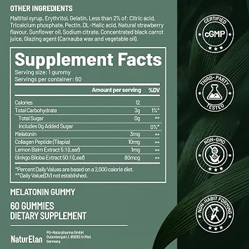 Melatonin Gummies, 3mg Melatonin, Drug Free, 60 Count, Strawberry Flavored