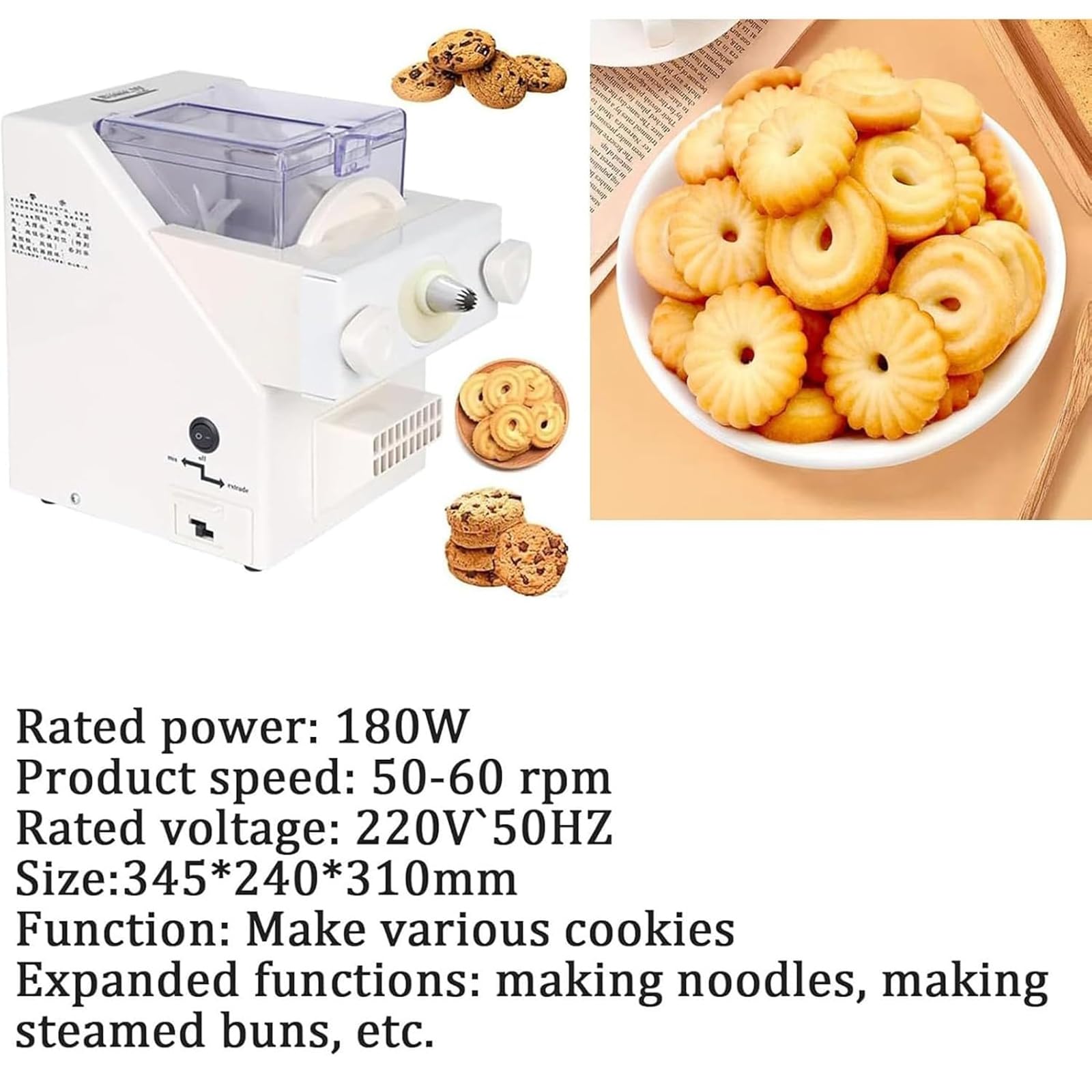 Macchina per fare biscotti, 180 W, multifunzione, con 8 ugelli intercambiabili, ideale per pasticceria e pasticceria domestica, velocità 50-60 giri/min