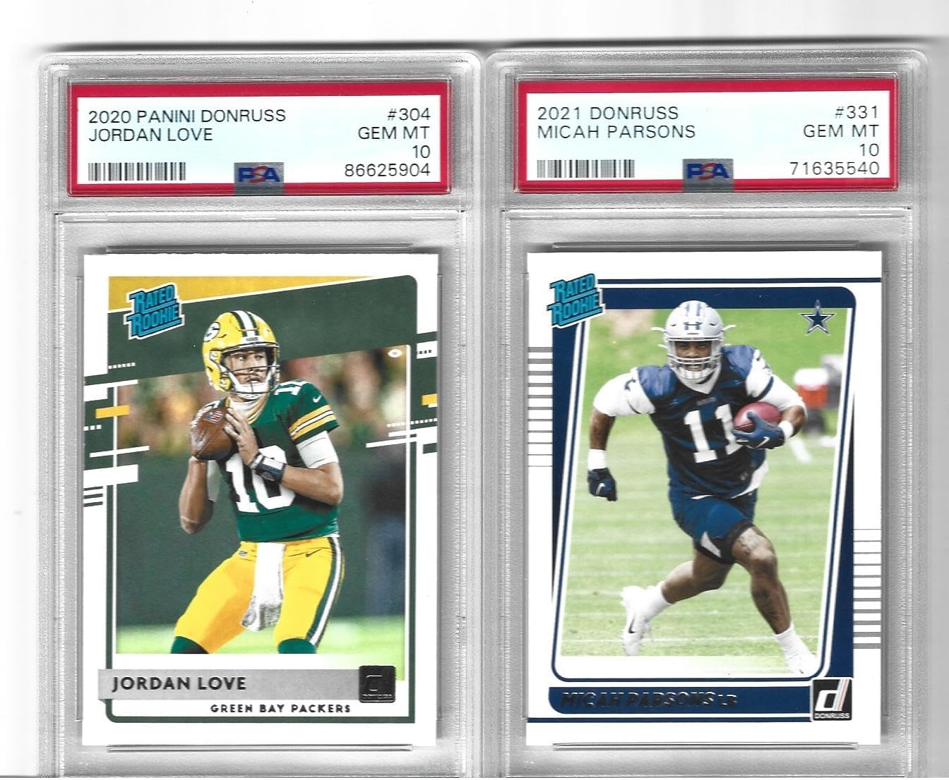 Graded Psa 10 Jordan Love & Micah Parsons Football 2 Card Rookie Lot Donruss Packers Star Quarterback And Defensive Star! You Will Receive Both Cards Shown