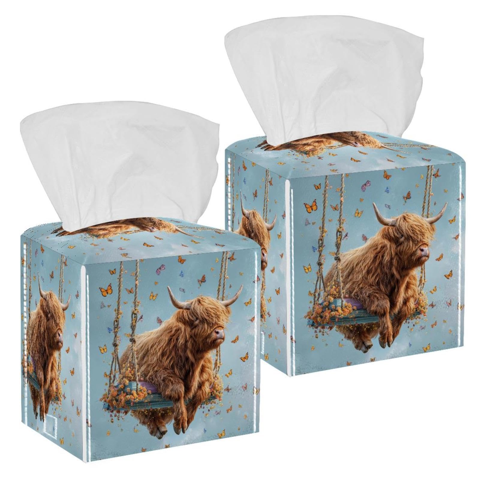 Highland Cow Tissue Box Cover, 2 Pack PU Leather Square Facial Tissue Dispenser Box holder for Home Office Car
