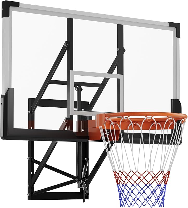 54" Wall Mounted Basketball Hoop, 8-10 FT Adjustable Height PC Backboard | Backboard Basketball Goal with 18 Inch Solid Rim for Indoor & Outdoor Use