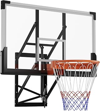 54" Wall Mounted Basketball Hoop, 8-10 FT Adjustable Height Shatterproof PC Backboard Basketball Goal with 18 Inch Solid Rim for Indoor & Outdoor Use