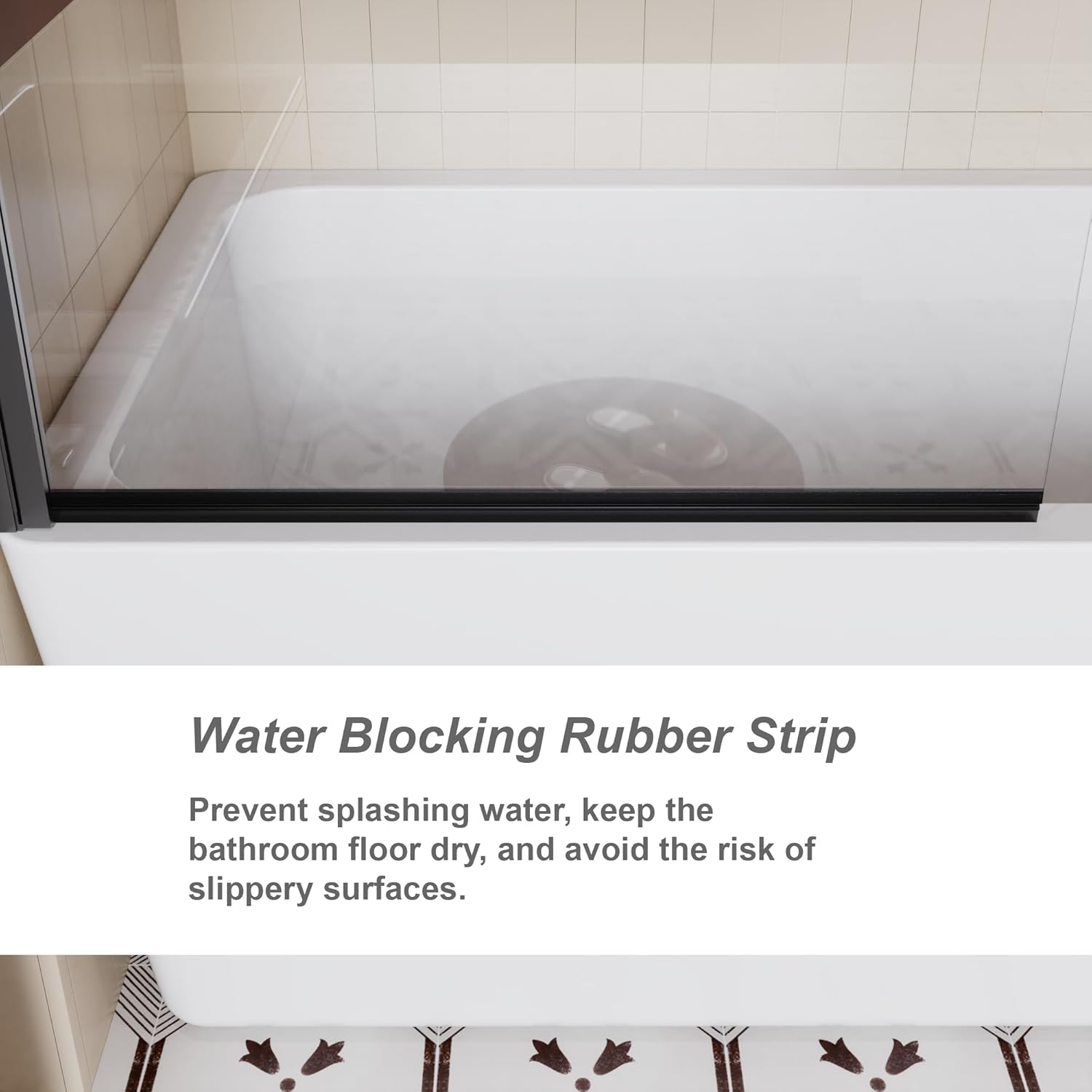 Goodyo Shower Door Panel for Bathtub 32x55 Inch Bohemian Pattern Tempered Glass with Stainless Steel Handle, Black