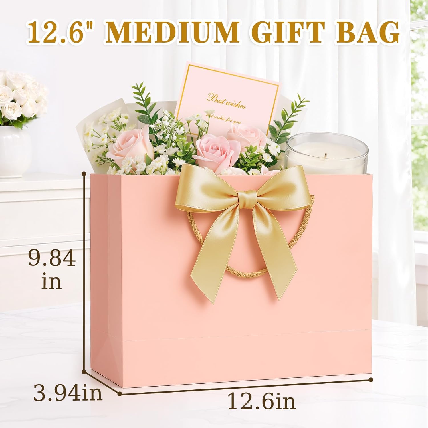 ANZNKU 2PCS Gift Bags for Women, Medium Wedding Gift Bags with Handles 4 Tissue Paper 2 Ribbon 2 Cards, Pink Present Bag for Valentine Engagement Bridal & Baby Shower, Birthday Bag for Party Favors - Image 2