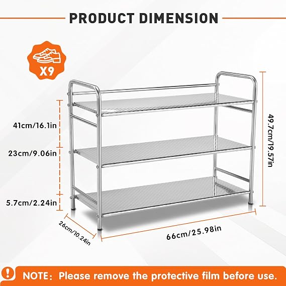 Metal Shoe Rack for Closet Floor - 3 Tier Heavy Duty Shoes Rack for Garage Free Standing Shoe Storage Organizer Shelf for Entryway - Stainless Steel Sturdy Shoerack for Outdoor Mudroom