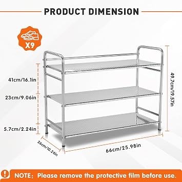 Metal Shoe Rack for Closet Floor - 3 Tier Heavy Duty Shoes Rack for Garage Free Standing Shoe Storage Organizer Shelf for Entryway - Stainless Steel Sturdy Shoerack for Outdoor Mudroom
