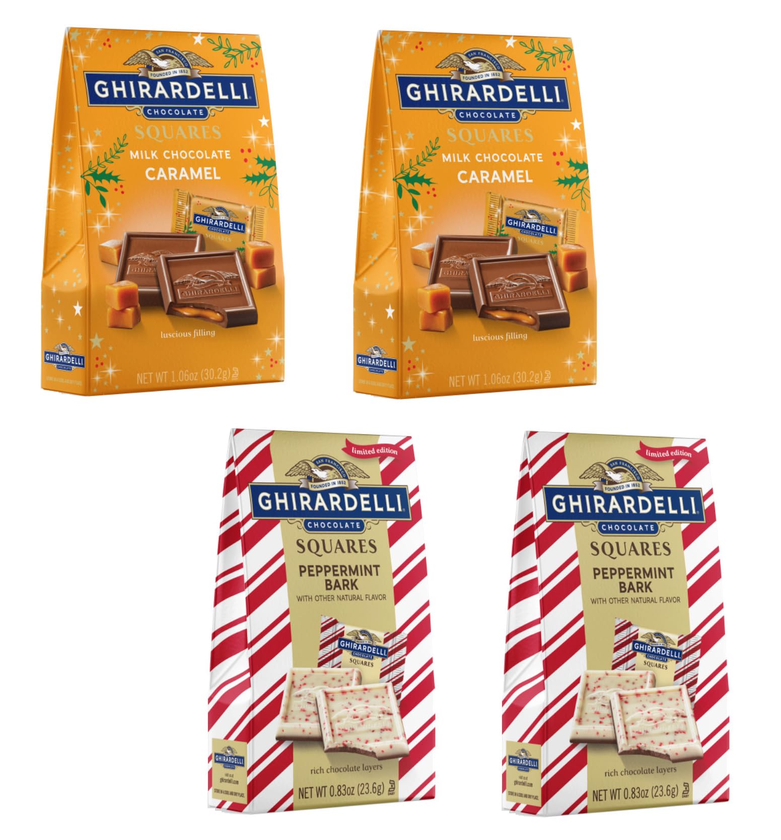 Ghirardelli Chocolate Variety Pack - Pack of 4-2 Mini Boxes of Milk Chocolate Squares and 2 Mini Boxes of Peppermint Bark - 2 Squares Per Box - Perfect for the Holidays