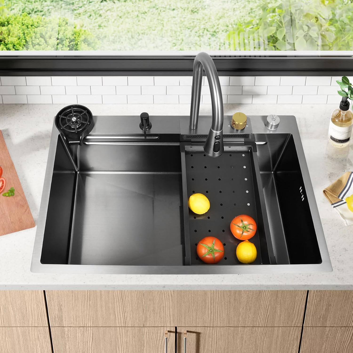Boilball Waterfall Kitchen Sink,33x22 Drop-in Single Bowl Stainless Steel Kitchen Sink,Modern Workstation kitchen sink With Multifunction Pull-out Faucet and Various Accessories