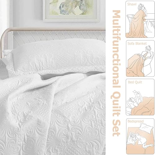 Miniatura 3 de BOREA - Juego de ropa de cama tamaño King de 3 piezas de gran tamaño ultrasónico blanco  Colcha de verano ligera de microfibra ultrasónica  Colcha