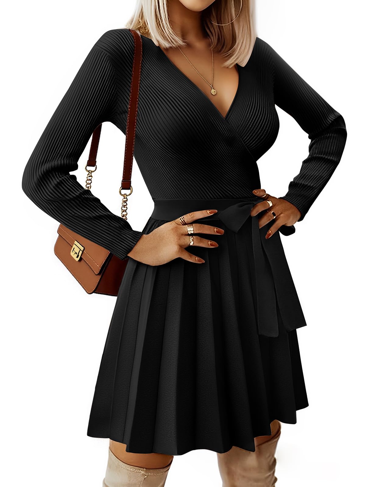 Robe Pull Femme Chic et Elegant Hiver Col en V Manches Longues Robe Casual Taille Haute A-Line Jupe Tunique Automne Tricot Robes pour Fête Soiree Noël Mariage