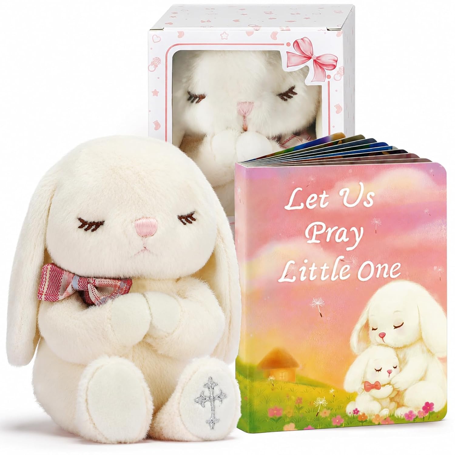 Baptism Gifts for Girls, Christening Gifts for Girls and Baby Dedication Gift Set for Newborn Baby, Includes 7-Inch Praying Bunny Stuffed Animal, Let Us Pray Baby Book and Keepsake Gift Box