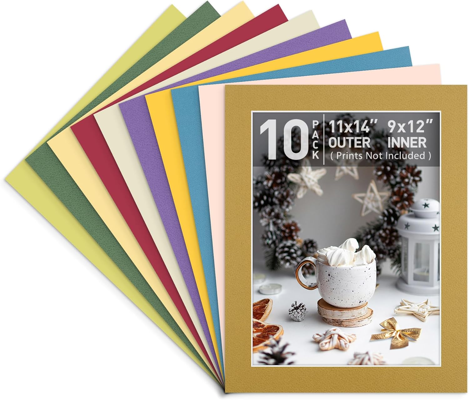 Golden State Art, 10 Pack 11x14 Mixed Color Picture Frame Mat 8.5x11.5 Opening for 9x12 Photos with White Core Bevel Cut, 4-ply Thickness