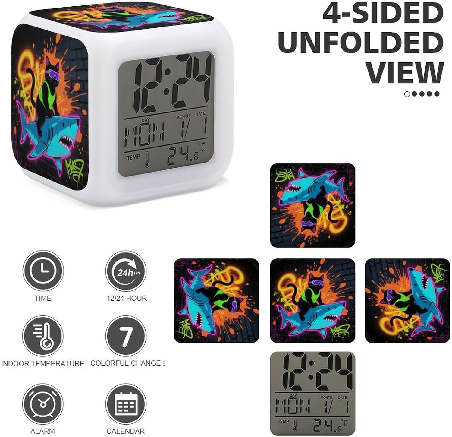 Blacklight Cat Riding Shark Alarm Clock NightLight Alarm Clock with 7 Color Changing Night Light Smart Digital Clocks Temperature Date for Heavy Sleepers Simple Operation Easy to Use image 4
