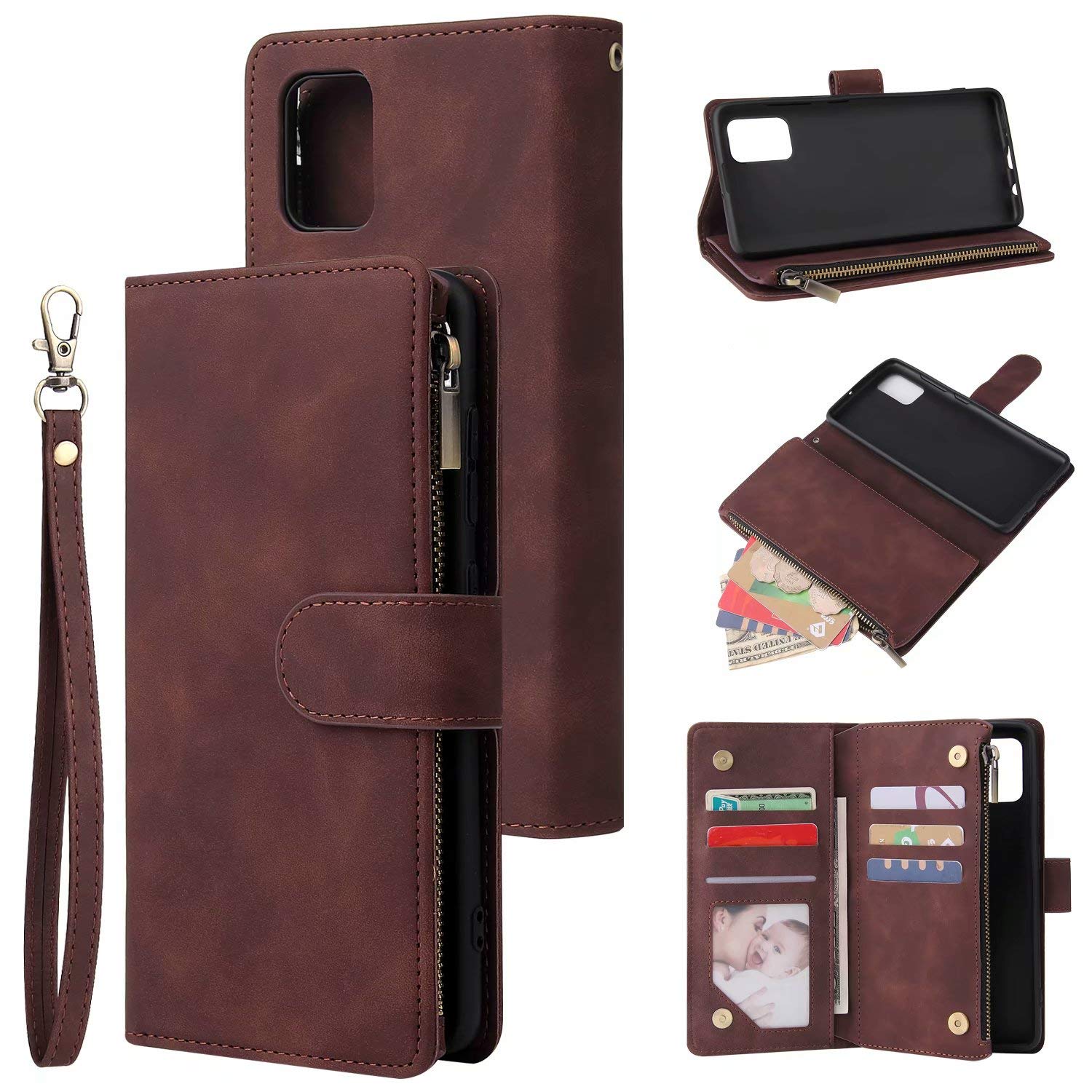kotten hg168 Wallet Case for Samsung Galaxy A51 5G Version,Premium Retro PU Leather Phone Case,Samsung A51 Magnetic Clasp Zipper Pocket Case Flip Stand Cover with Card Slots Wrist Strap,Coffee