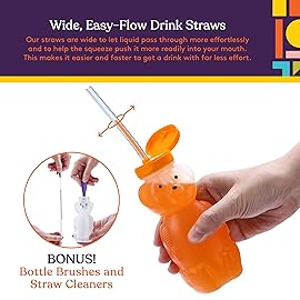 Special Supplies Honey Bear Straw Cup Long Straws, Squeezable Therapy and Special Needs Assistive Drink Container, Spill Proof and Leak Resistant Lid (Pack of 1 Bottle and 3 Straws)