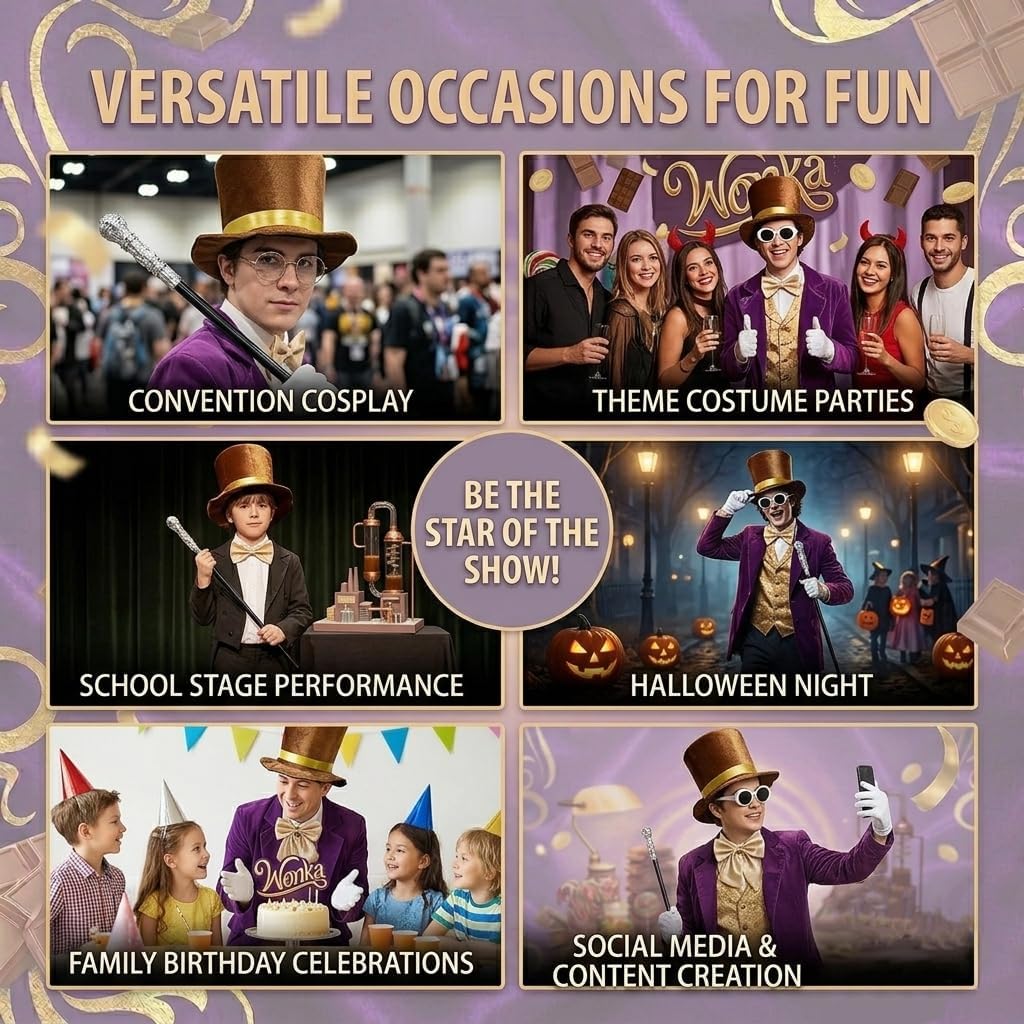 Halloween Chocolate Factory Costume, Chocolate Top Hat Accessories Set 5 Pcs Hat Sunglasses Scepter Bowtie Gloves for Adult Men Women Magic Movie Character Dress Up Parade Cosplay Dance Recitals