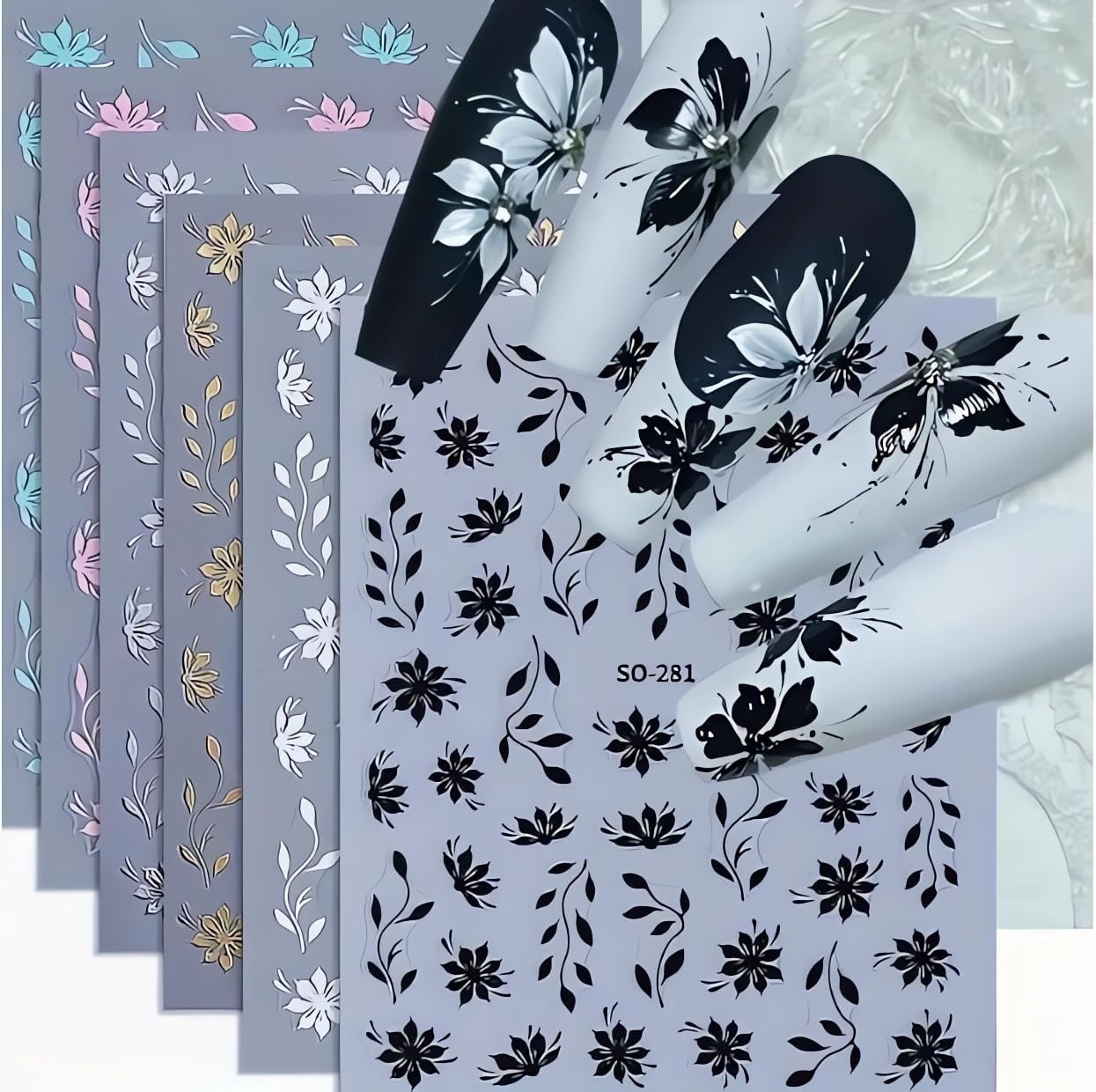 CEWEWP 6 Sheets Flower Leaf Nail Stickers 3D Self-Adhesive Nail Art Decals Hot Metal Flowers White Pink Gold Silver Black Blue Floral Design Petals Leaves Women Spring Nail Art Stickers Decoration