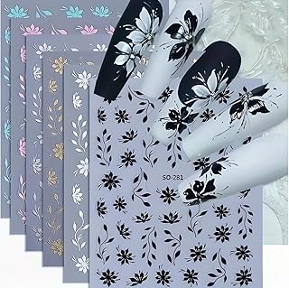 6 Sheets Flower Leaf Nail Stickers 3D Self-Adhesive Nail Art Decals Hot Metal Flowers White Pink Gold Silver Black Blue Floral Design Petals Leaves Women Spring Nail Art Stickers Decoration