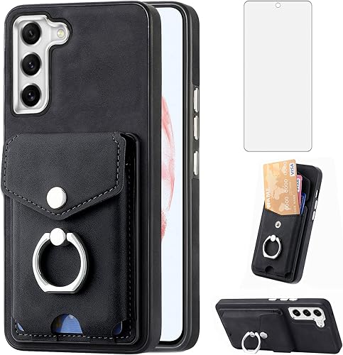 Asuwish Funda tipo cartera compatible con Samsung Galaxy S21 FE 5G y protector de pantalla de vidrio templado, soporte para tarjetas, soporte