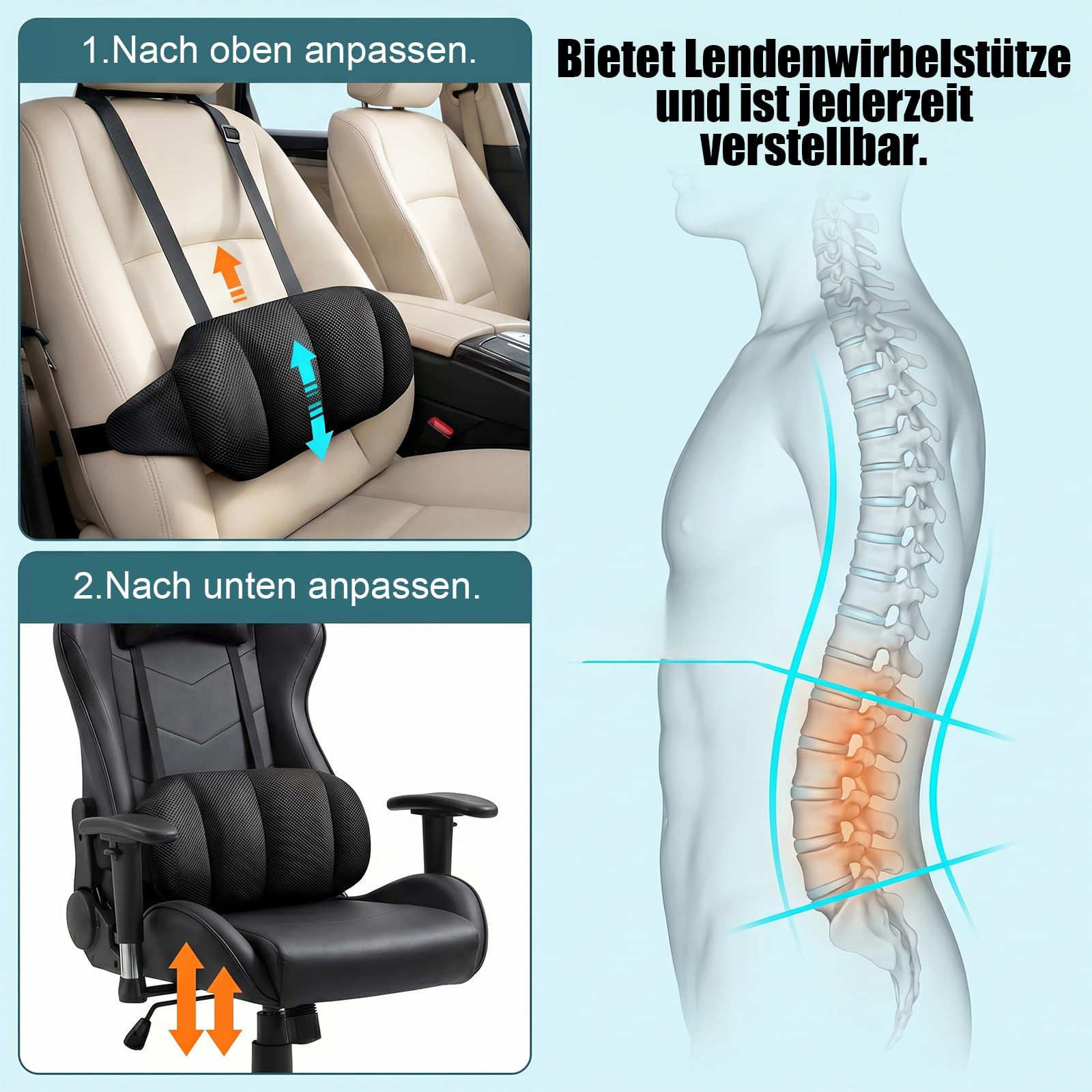 Verstellbares Lendenwirbelstützkissen für Auto & Bürostuhl - Ergonomisches Memory-Schaum Lendenkissen für Unteren Rücken & Taille - Lordosenstütze mit Atmungsaktivem 3D-Mesh-Bezug