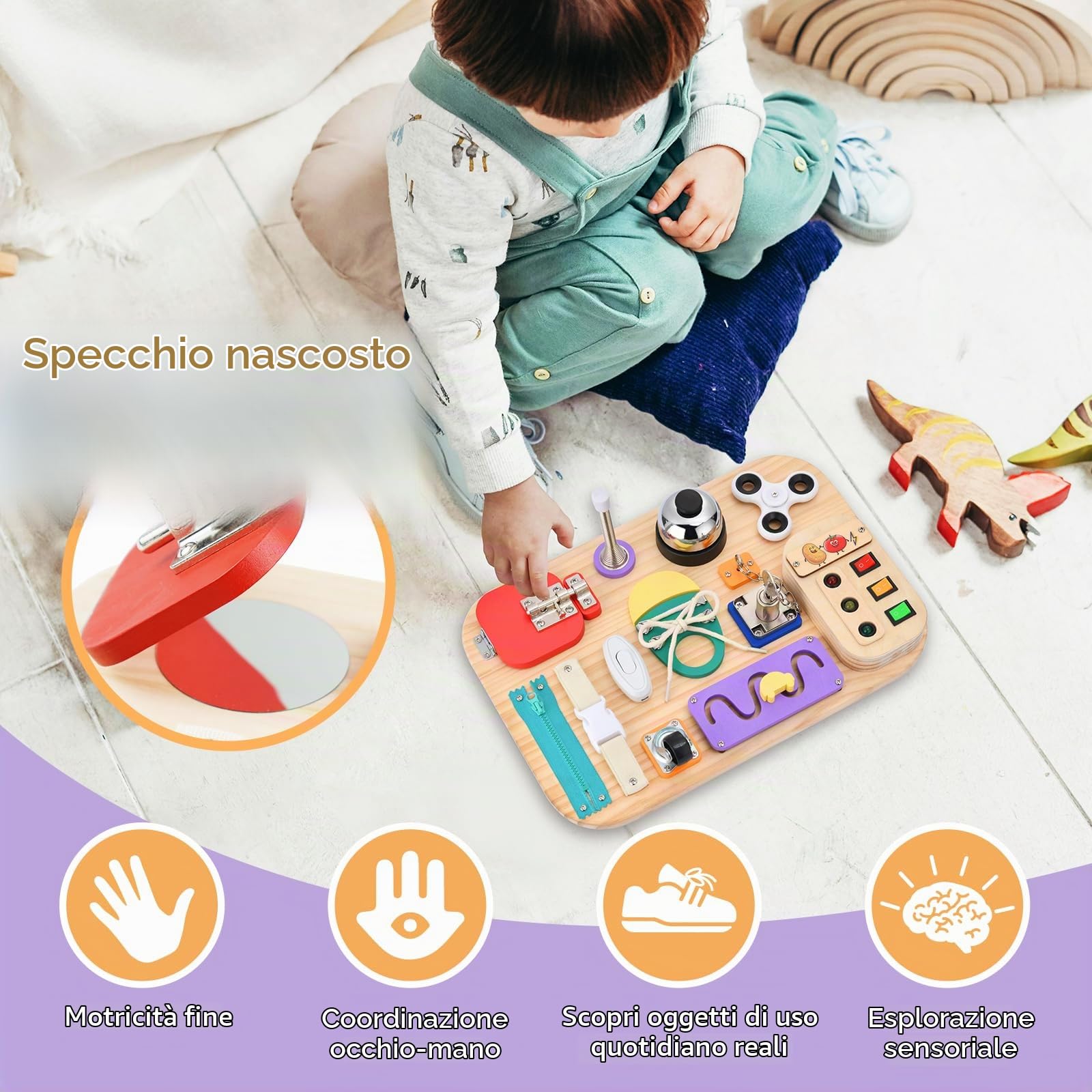 potatomato Busy Board Montessori in Legno – Giocattolo sensoriale e motorio per Bambini – Activity Board educativo per Bambini Piccoli – Fidget Toy pedagogico per Bambine e Bambini