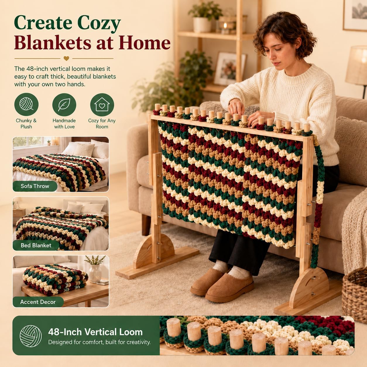 48 Inch Chunky Blanket Loom, Wooden Knitting Loom Frame | Chunky Yarn Blankets, Foldable Portable, Rounded Adjustable Brackets, For Beginners