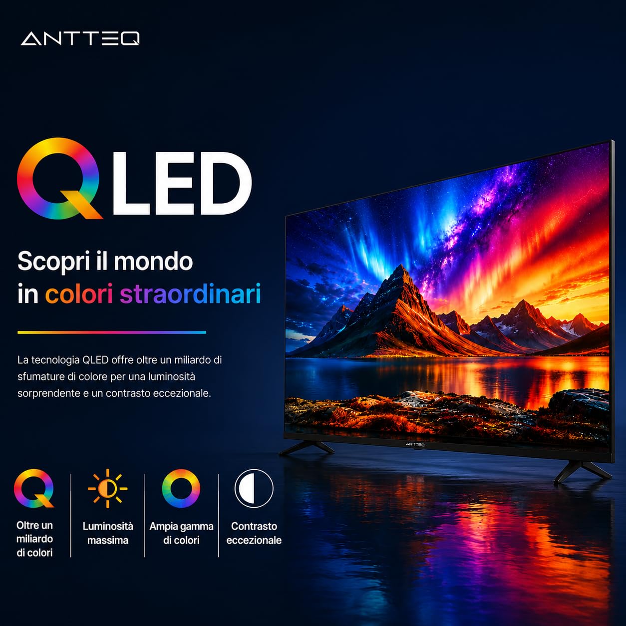 Antteq AV32H5Q Televisore 32 Pollici QLED Smart TV Bluetooth con Triplo Tuner HD (DVB-C/-S2/-T2)，App Store, Netflix, Prime Video, Rakuten TV, DAZN, YouTube, e altro