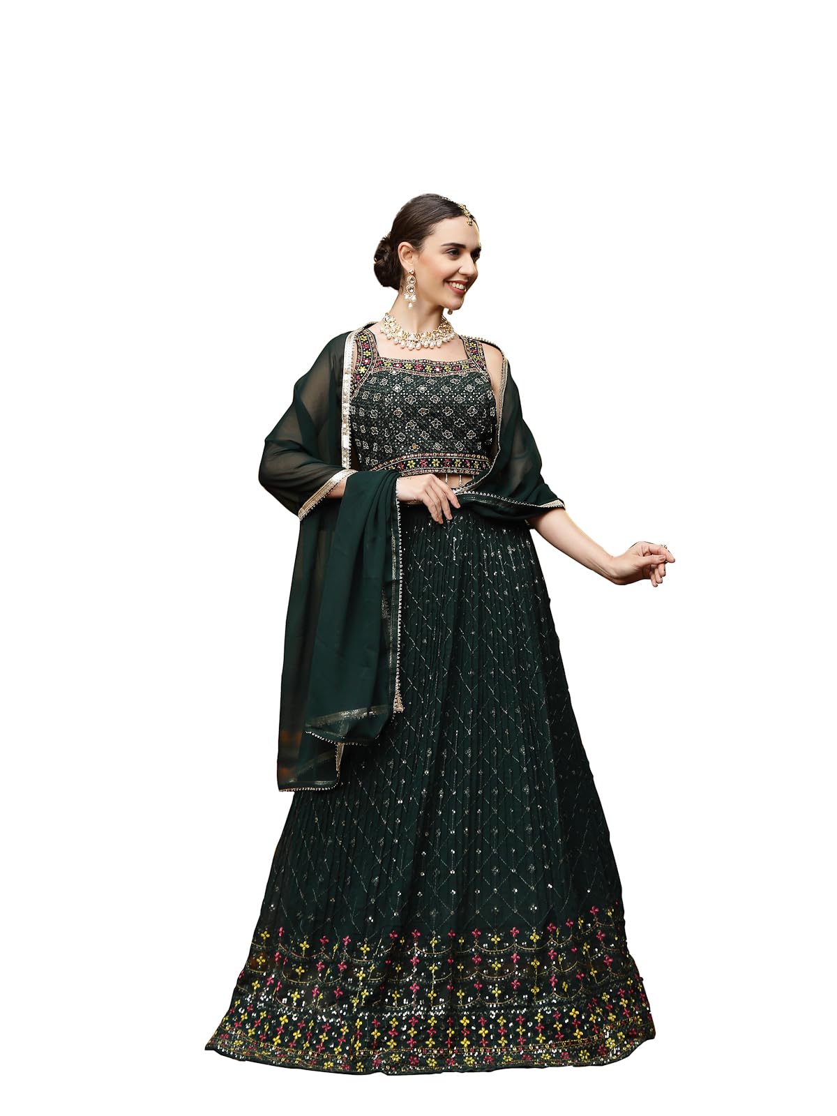 Stylum Women's Embroidered Georgette Lehenga & Blouse With Dupatta (Lehgreenmannat38_Green, M)