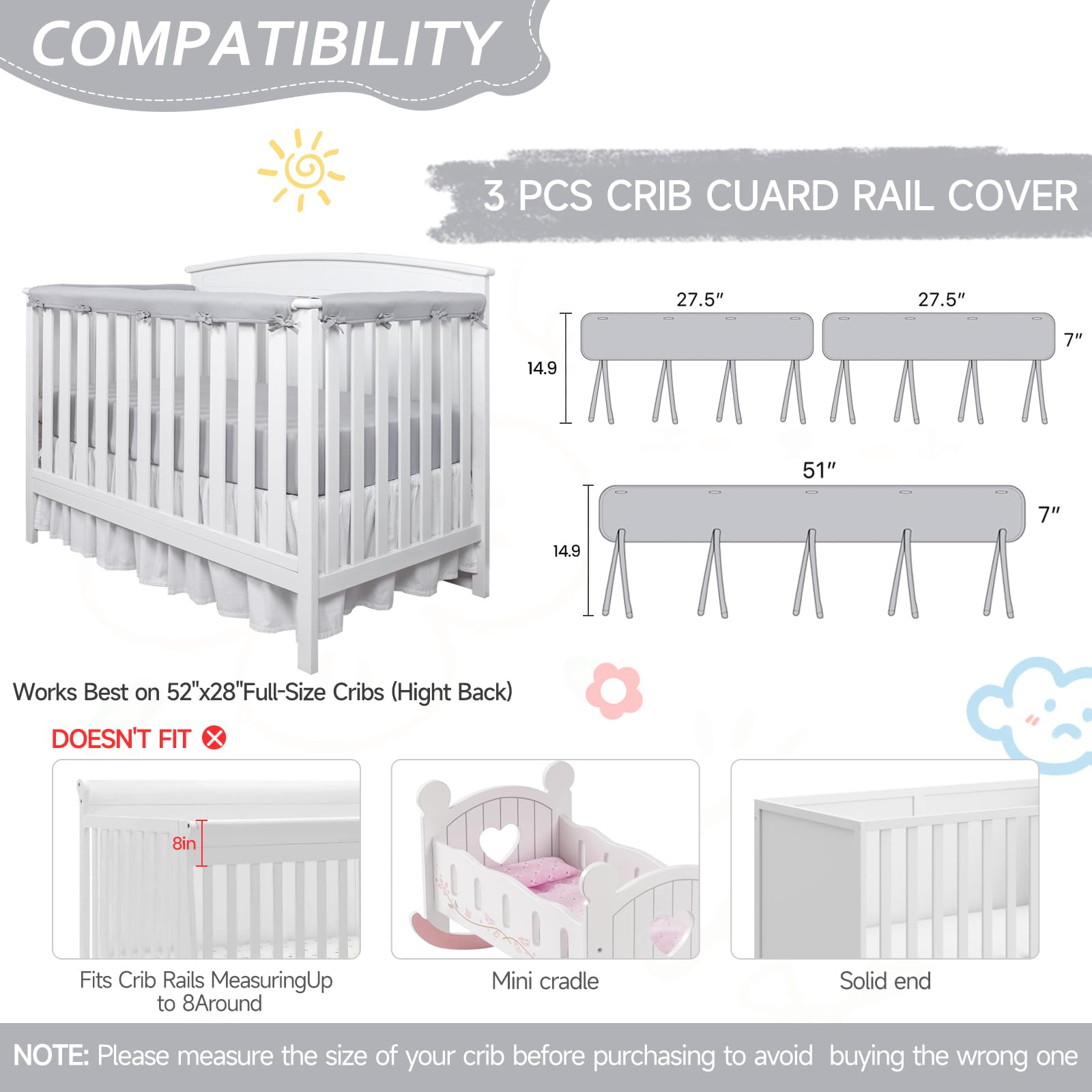 SZRUNZHU 3pcs New Teething Edge Crib Rail Cover&Corner Guard (1 Long 2 Short Gray)