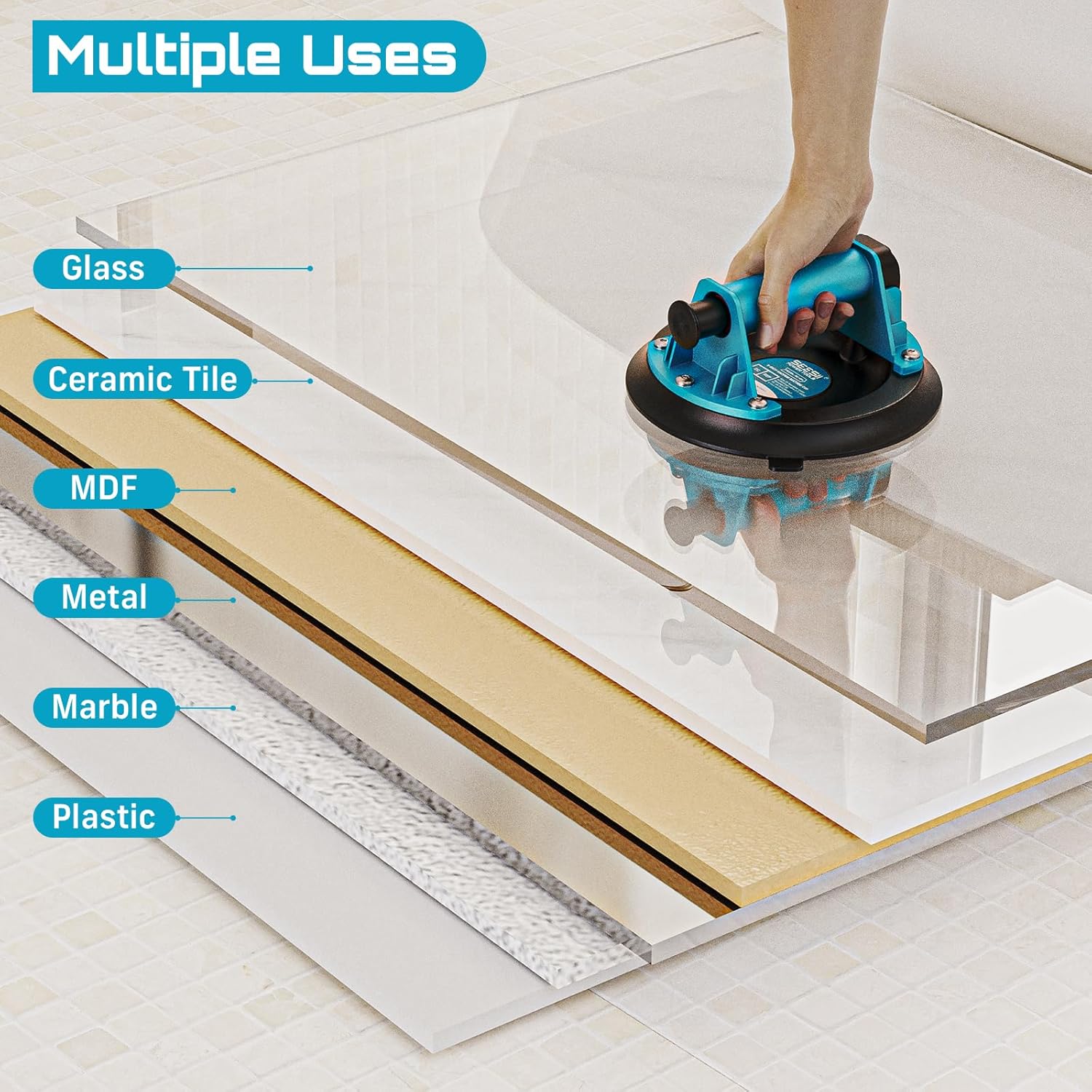 SEESII Suction Cups for Glass Lifting: 8" Tile Suction Cup Lifter with Handle and Pump, 200KG Load Capacity Heavy Duty Vacuum Lifter for Lifting Large Tile, Granite, Metal, Windows (2-Pack)