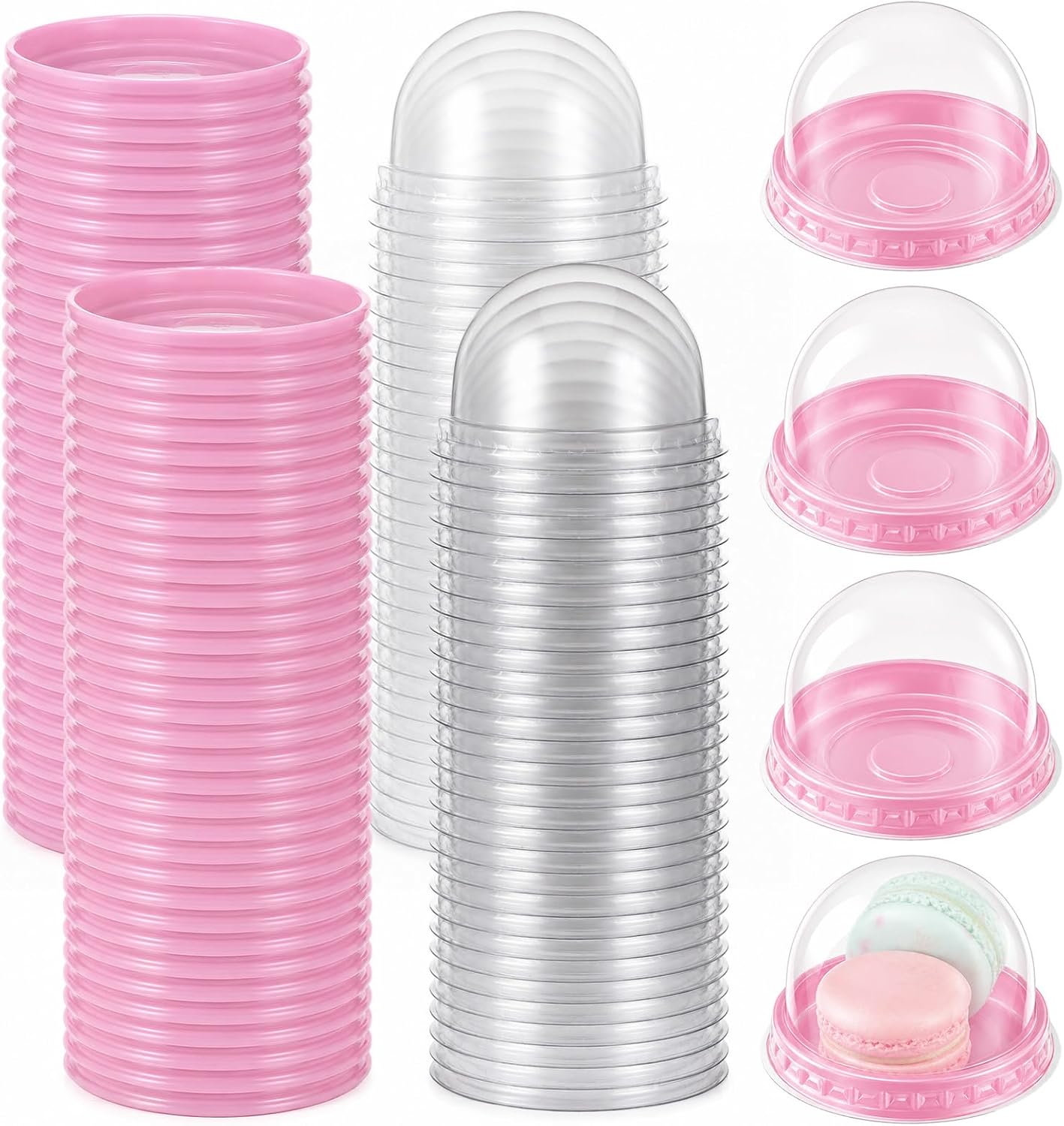 150 Pack 2.75x2.75x2 inch Mini Cupcake Boxes, Mini Dessert Containers with Dome Lids, Clear Plastic Muffin Single Container Box, Wedding Birthday Gift Box for Cheese Pastry Dessert Mooncake(Pink)