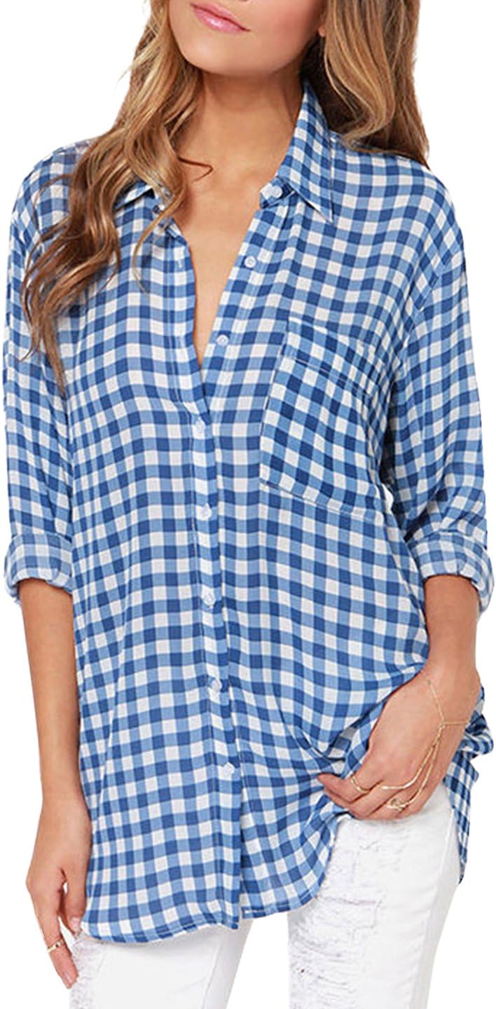 Richlulu Womens Boyfriend Casual Button up Plaid Soft Lapel Daily Shirt