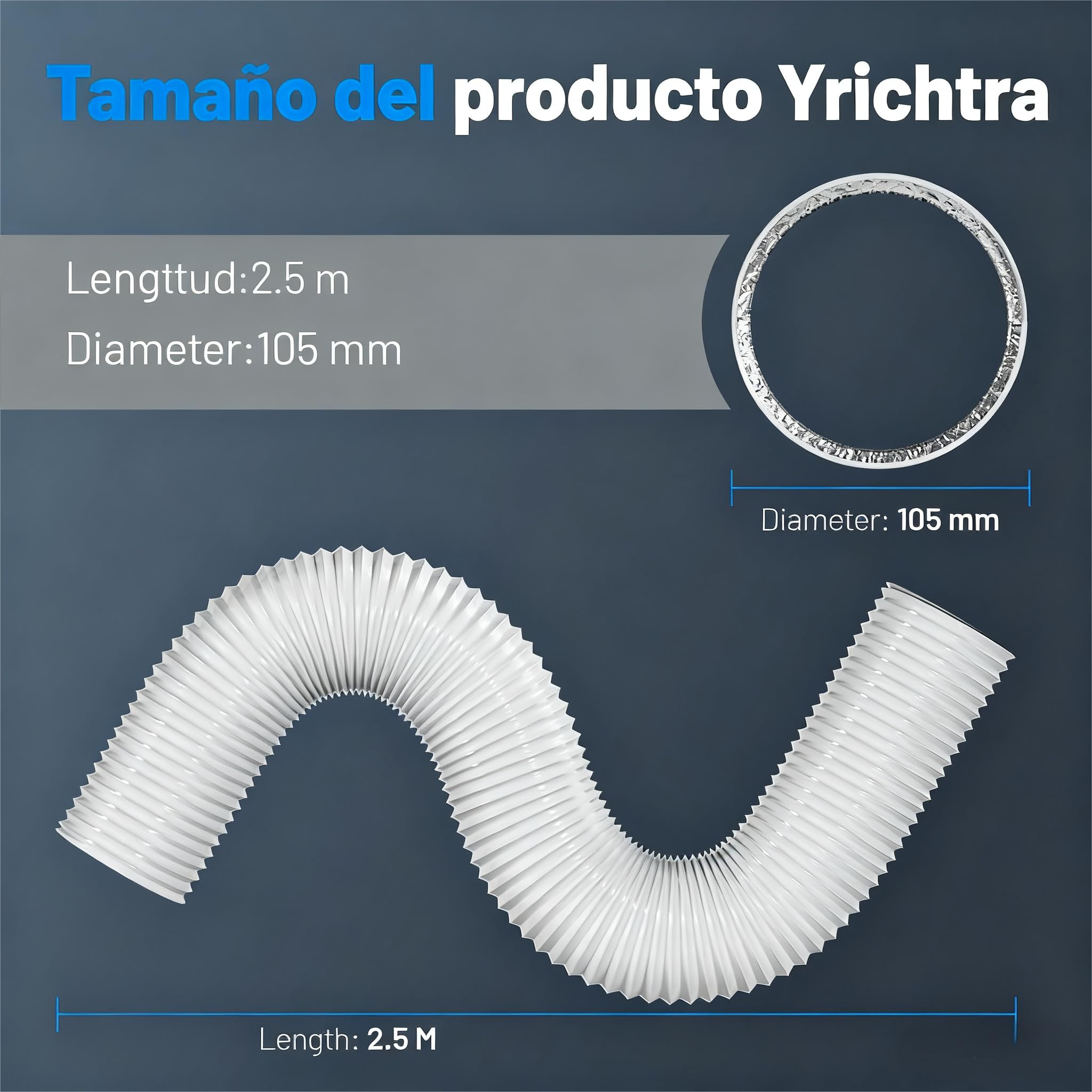 Tubo Ventilación 100mm 2,5m Blanco, Tubo Flexible 5 Capas Aislado, Silencioso, con Abrazaderas, para Aire Acondicionado Portátil, Secadora y Ventilación