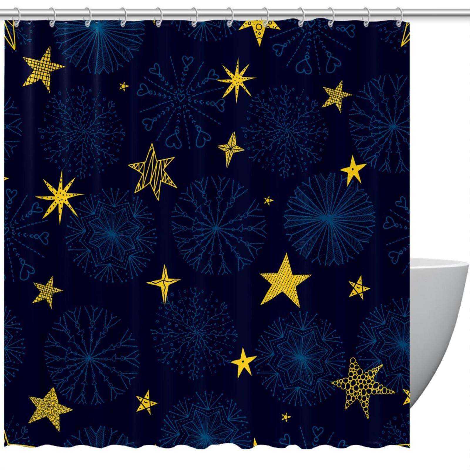 Rideau de douche bleu foncé motif floral et étoiles 168x183 cm