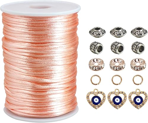 Cordón de satén melocotón de 0.098 in, cuerda de nailon de 300 pies, cordón de seda de raso satinado para hacer joyas, pulseras trenzadas, collares,