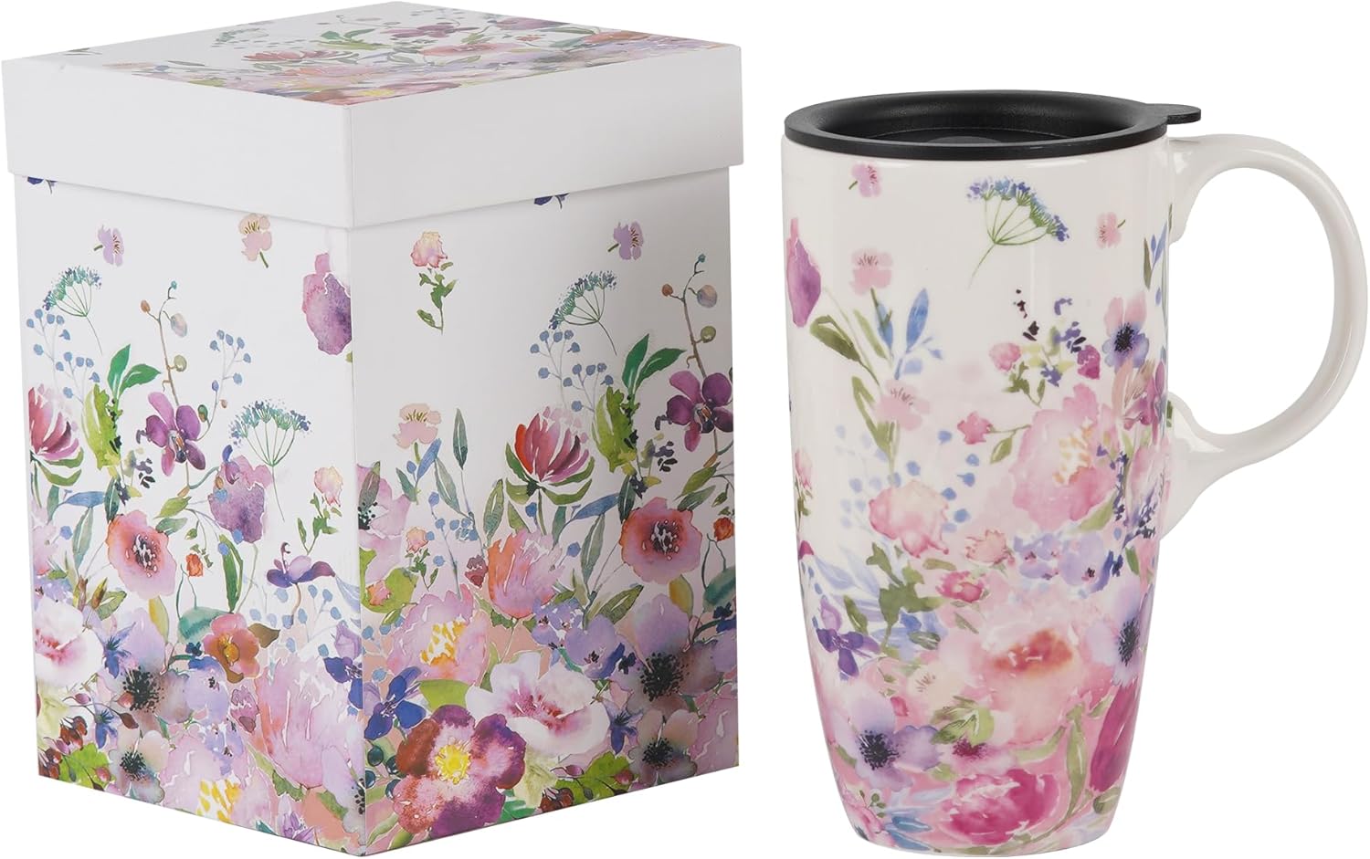Ceramic Mug Travel Coffee Cup with Lid for Home & Office, 17oz. Porcelain Tall Tea Cup with Handle, Pink & White Flower Mug Art Pattern in Color Box, 6.5″ H Ceramic Mug Travel Coffee Cup with Lid for Home & Office, 17oz. Porcelain Tall Tea Cup with Handle, Pink & White Flower Mug Art Pattern in Color Box, 6.5″ H