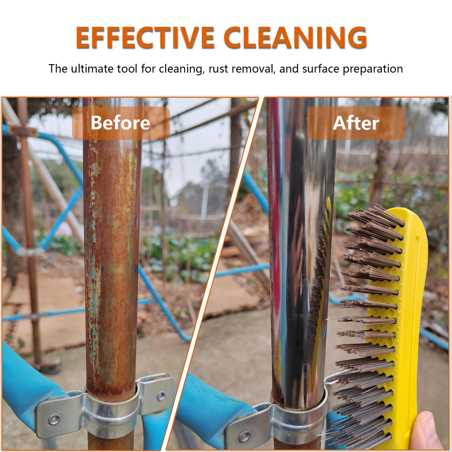 3-Pack Steel Wire Scratch Brushes for Rust, Paint & Welding Slag | Ergonomic Recycled Plastic Shoe Handle; 4-Row Fine 0.33mm Bristles; 9.5-Inch Compact Design For Tough Metal & Wood Cleaning