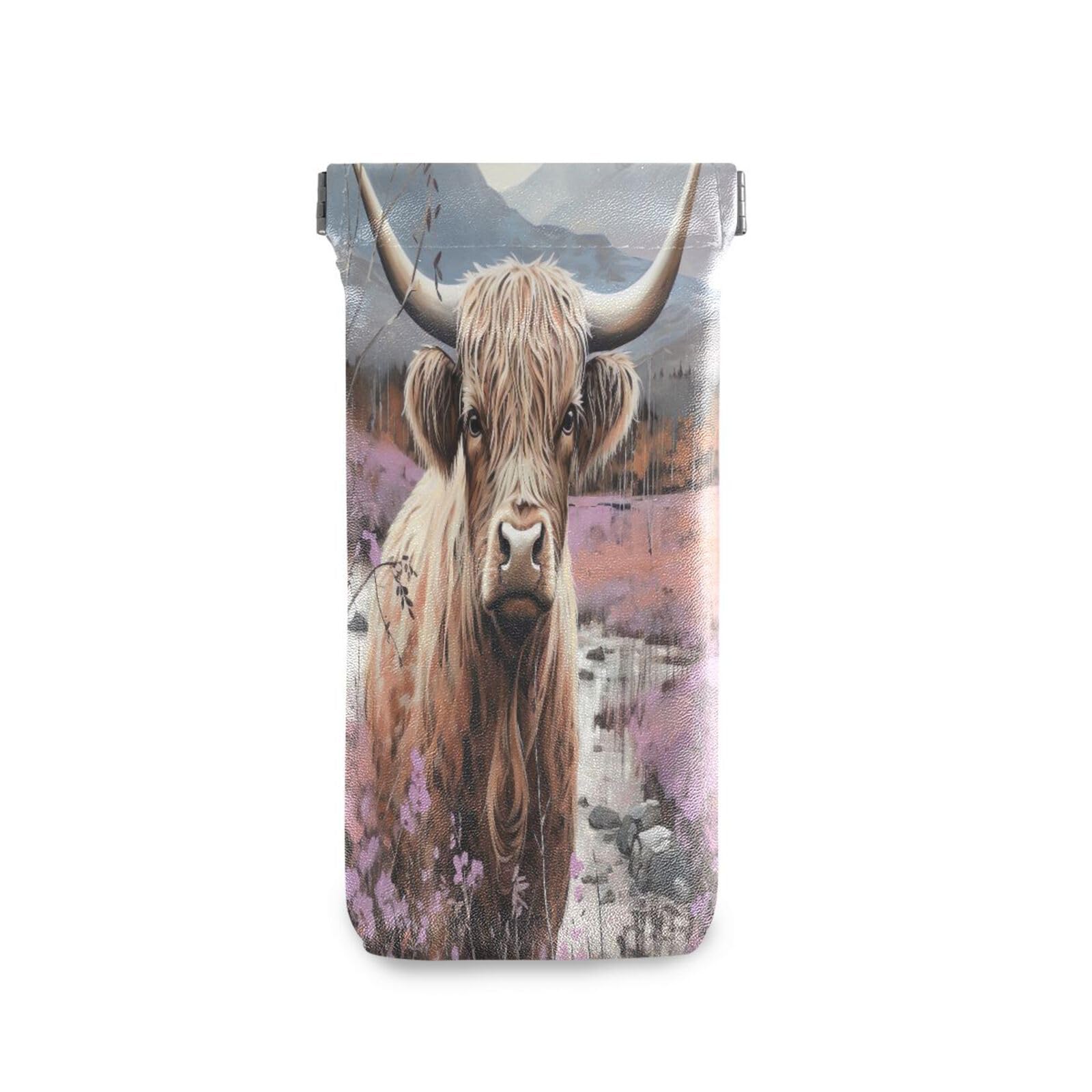 FLildon Farm Highland Cow Eyeglasses Pouch Squeeze Top Sunglasses Case Soft PU Leather Eyeglass Bag for Men Women