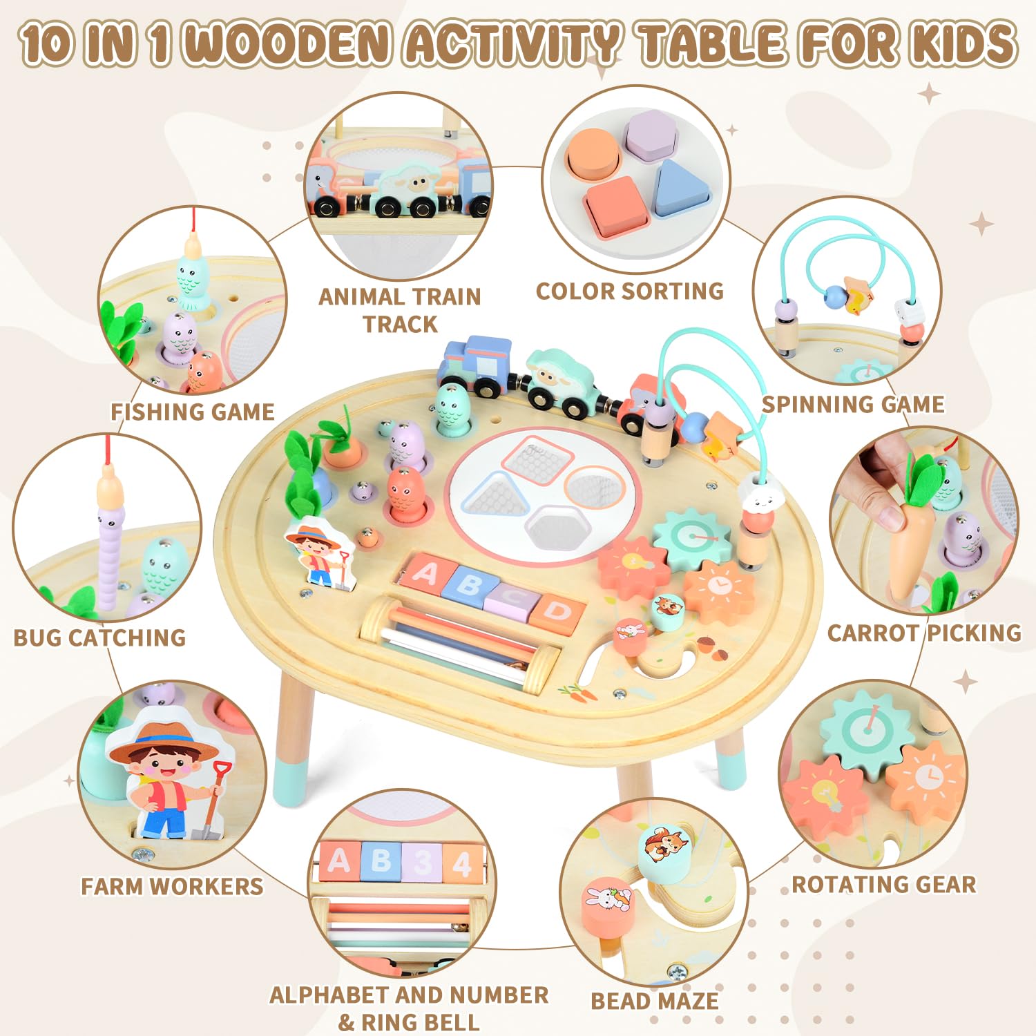 10-en-1 Mesa de Actividades Bebés, Montessori de Madera para Niños 1Años | Juguete Sensorial con Juego de Pesca, Tren de Animales y Clasificador de Formas, Regalo Cumpleaños Navidad para Niña Niño