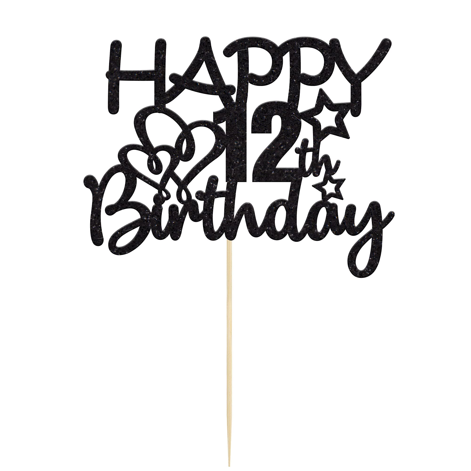 „Cheers To 12 Years“ – Glitzer-Kuchen-Topper Zum 12. Geburtstag (schwarz, Fertig Montiert)