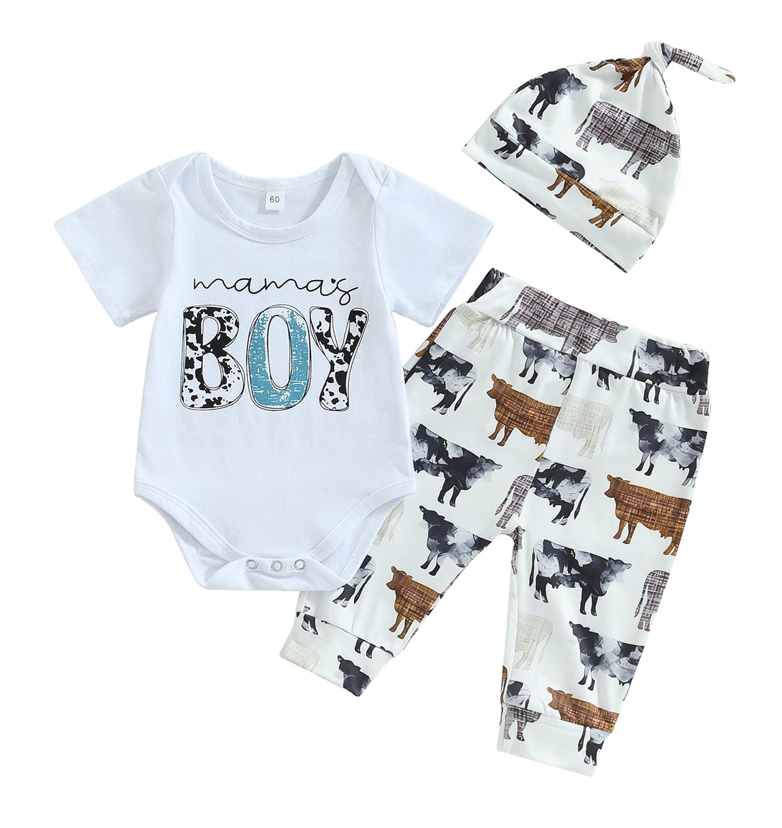 SAYOO Western Newborn Baby Boys Cowboy Outfits Cow Print Letter Bodysuit+Long Leggings+Cap 3pcs Infant Boy Country Clothes (Cow Head-White C, 6-12 Months)