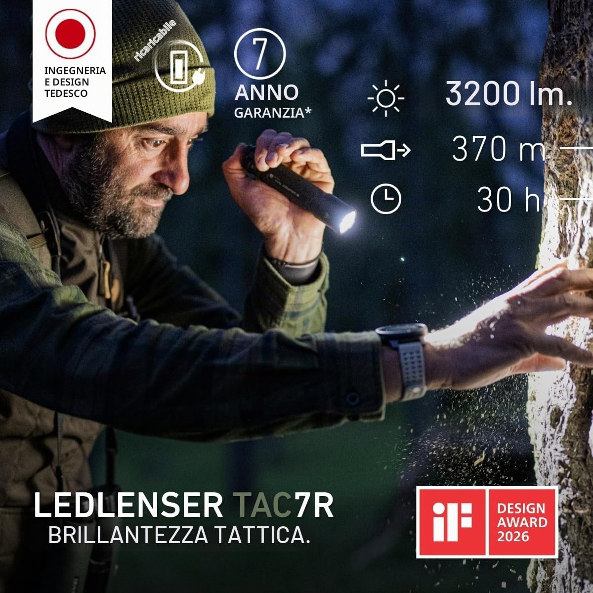 Ledlenser TAC7R Torcia Tattica Ricaricabile, 3200lm, RGB e Strobo, IP68 | Portata 370m, tecnologia multi-lente, autonomia 15h, USB-C, ideale per polizia, sicurezza ed esercito