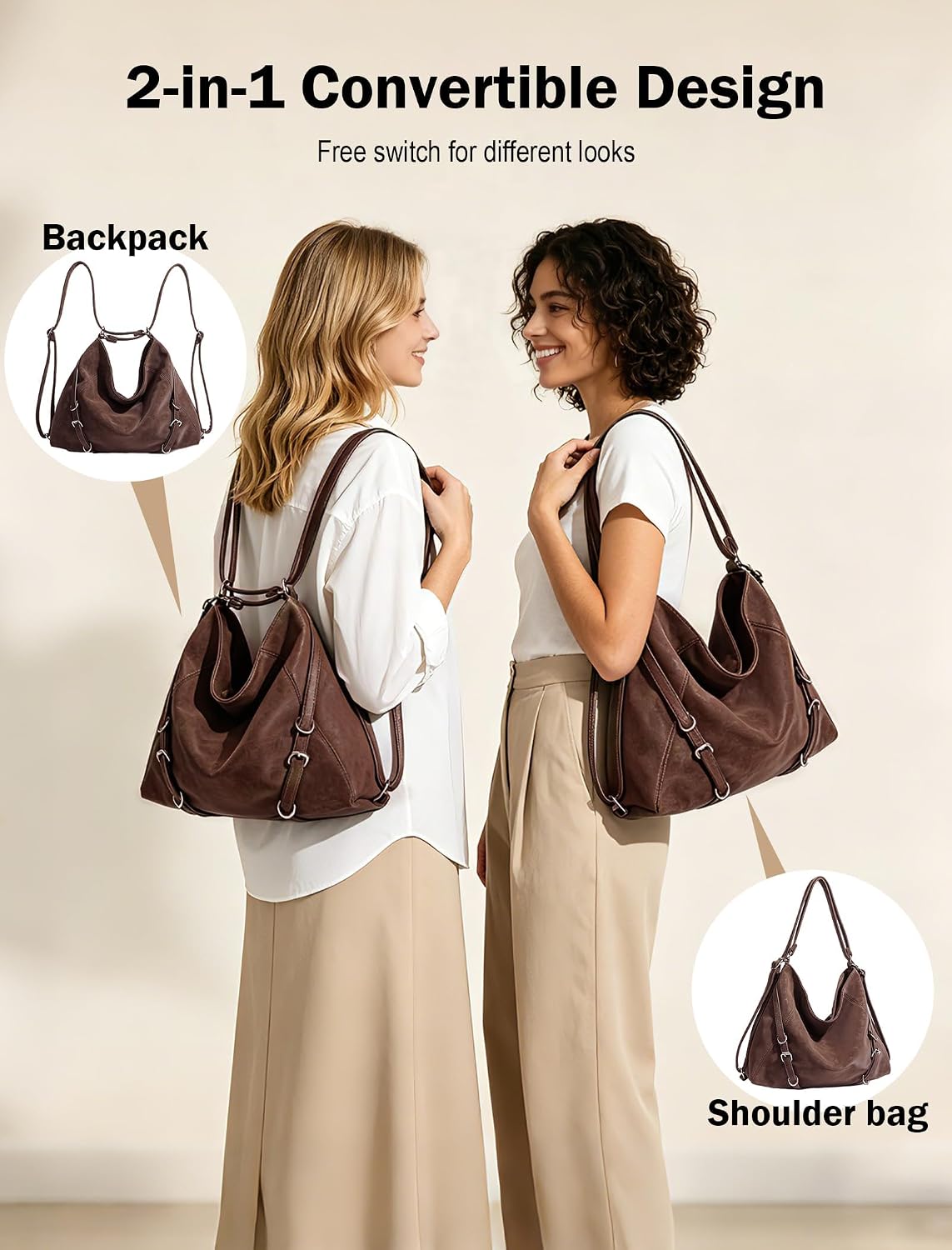 3-Way Convertible Hobo Bag for Women, Soft Shoulder Backpack, Casual Daily Tote Purse with Adjustable Strap image 4