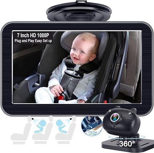 DoHonest Cámara de coche de bebé de 7 pulgadas: USB Plug and Play Fácil configuración 360 grados giratoria cámara de asiento trasero dos niños HD