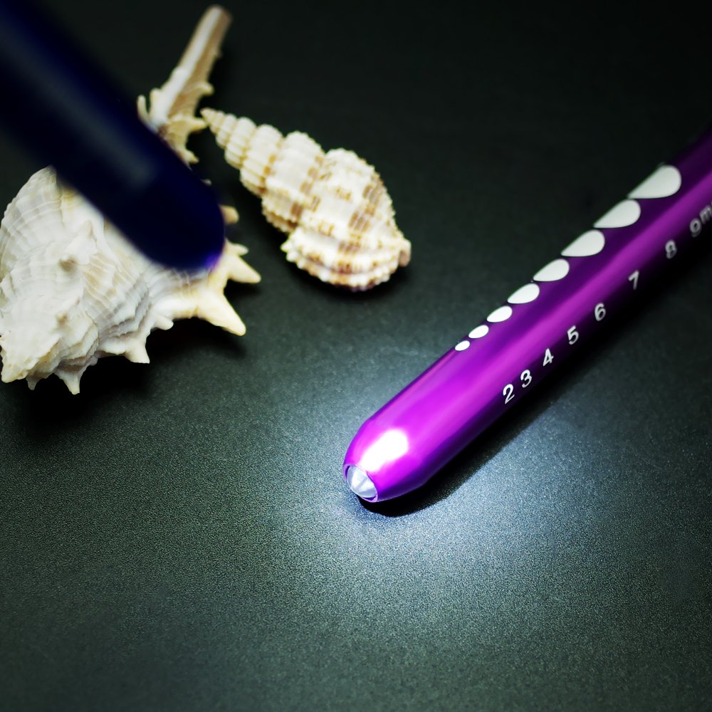 LED Penlight White Color Pen Light 2PCS Diagnostic Reusable with Pupil Gauge for Doctors Nurses, Durable Batteries Free, Blue and Purple