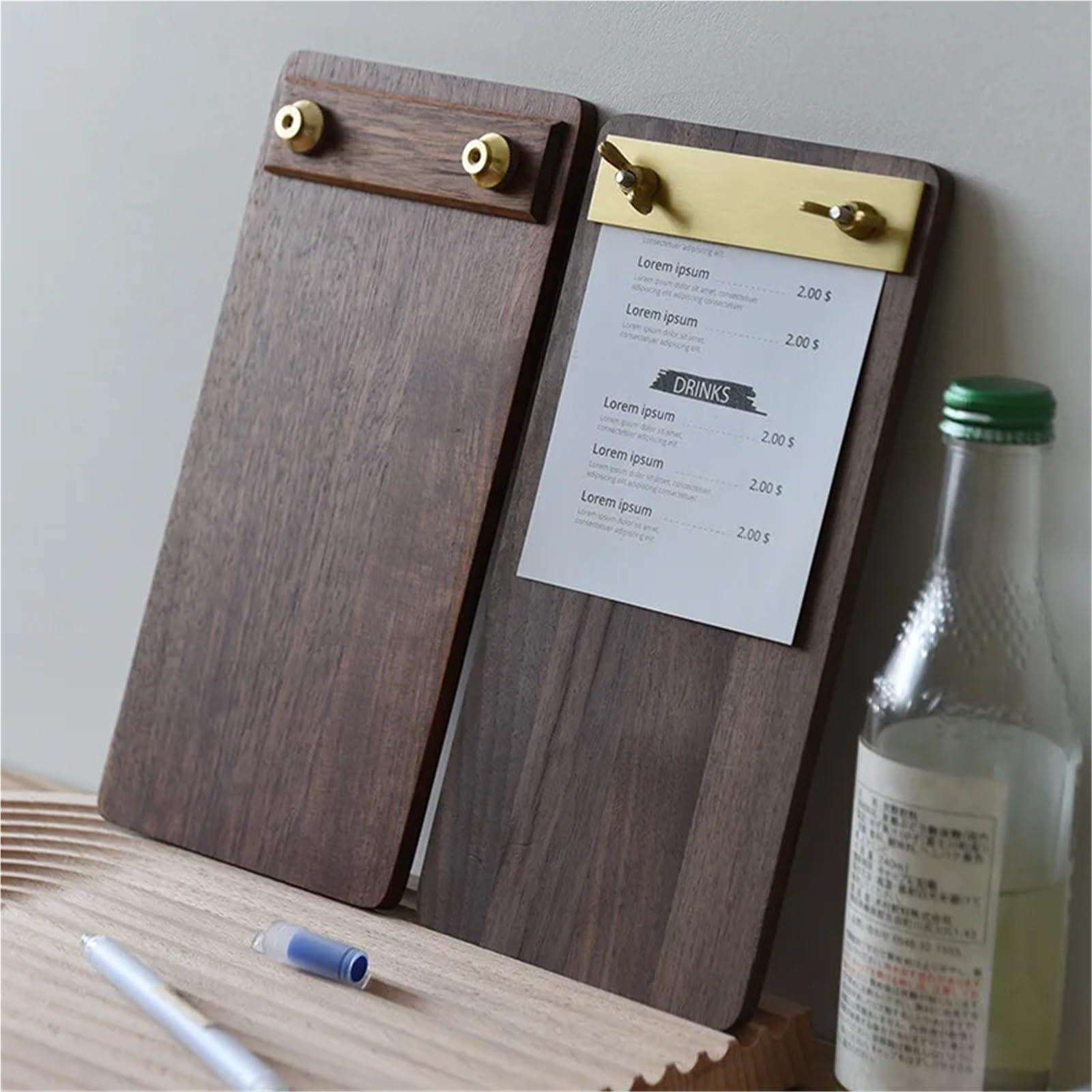 Porte-bloc de menu de qualité supérieure en bois de noyer massif - A4 - Présentoir de restaurant - Porte-menus et porte-bloc de commande de bar - Classeur porte-bloc (sourcil horizontal cuivre, M)