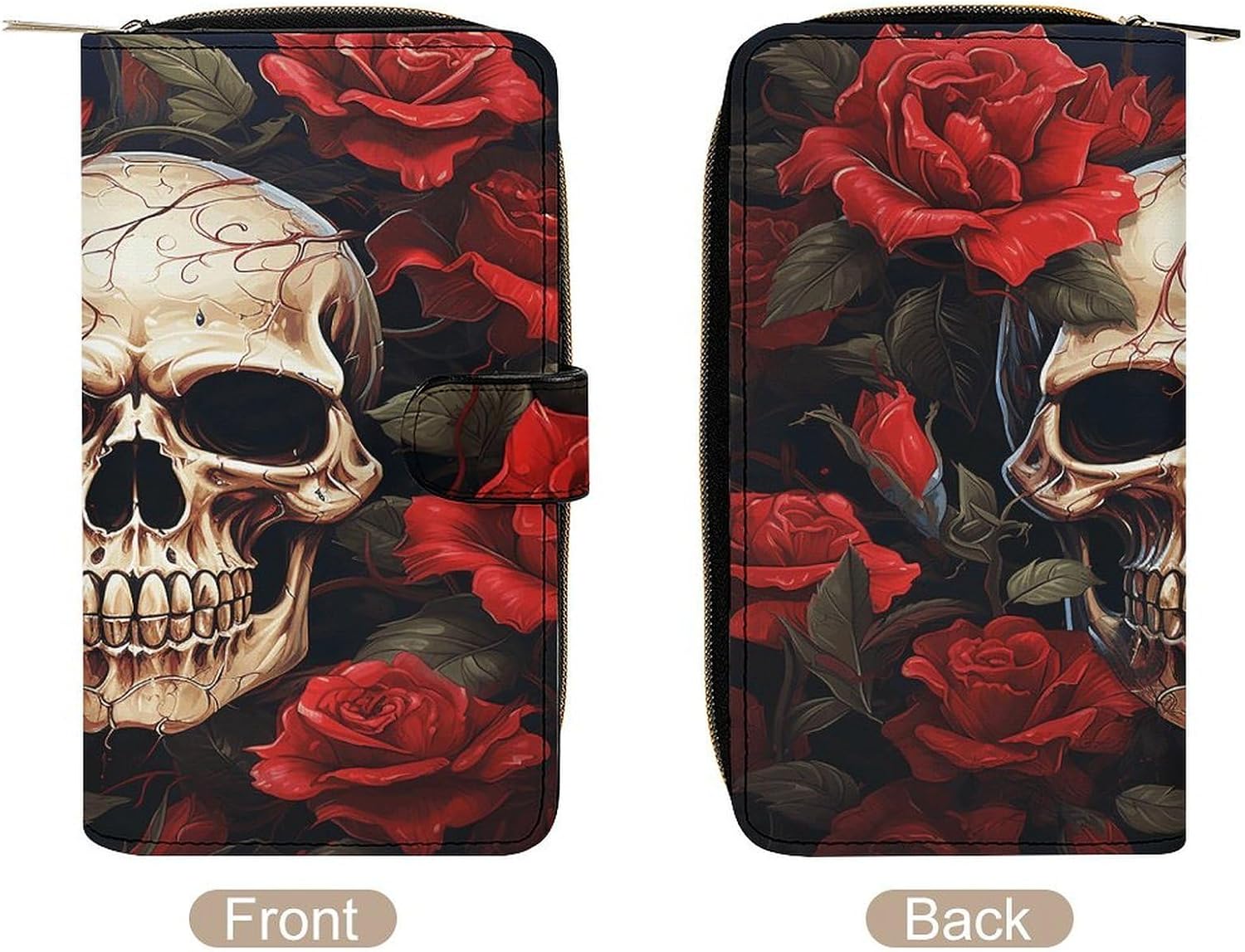 Women PU Leather Bifold Skull Rose-Red Wallets Large Capacity Card Holder Ladies Phone Clutch Travel Purse image 3